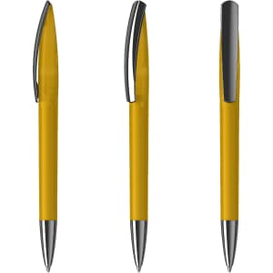A yellow plastic pen featuring chrome accents, displayed from multiple angles. The pen includes a clip and a logo.