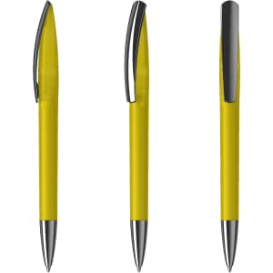 A yellow plastic pen with a shiny silver clip, shown from three angles. The pen features a sleek design.