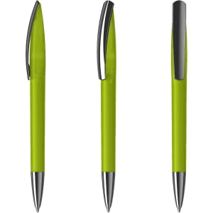 A green plastic pen with a silver clip, displayed in three angles, showcasing its sleek design.