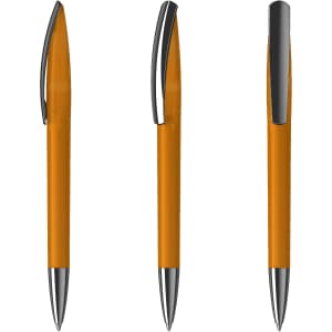 An orange plastic pen with a silver clip, displayed from three different angles. Features a branding logo.