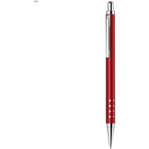 A red metal pen with a sleek design and silver accents, featuring a clip and dotted grip.