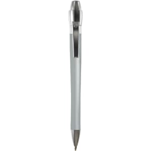 A silver metal pen with a sleek design and a clip, featuring a small logo at the top.