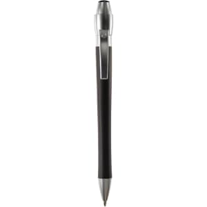 A metal pen featuring a sleek black body and silver accents, with a clip and a logo on the side.