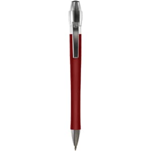 A metal pen in red with a silver clip and a branded logo on the side.