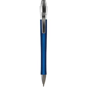 A blue metal pen with a silver clip and tip, featuring a logo on the body.