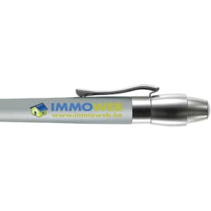 A metal pen in grey with a silver clip and branding on the barrel.