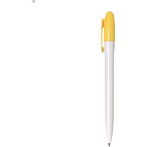 A plastic pen with a white body and a bright yellow cap, featuring a brand logo.