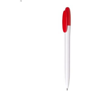 A plastic pen in white with a red top and clip, featuring a logo.