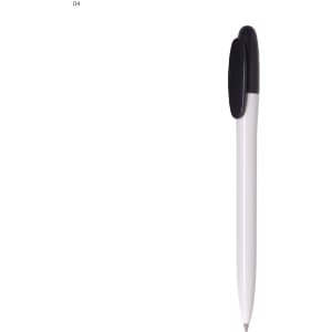 A plastic pen featuring a white body and a black cap. The pen includes a logo.