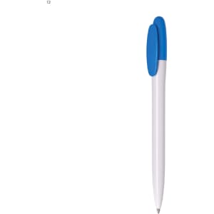 A white plastic pen with a blue clip and top, featuring a logo on the barrel.