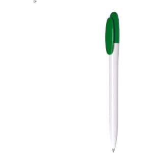 A white plastic pen with a green clip and tip, featuring a logo.