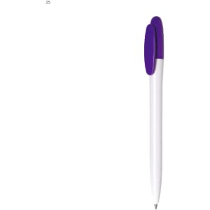 A plastic pen with a white body and a purple clip, featuring a logo on its surface.