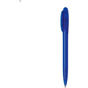 A blue plastic pen with a transparent barrel and a clip, featuring a logo on its side.