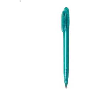 A plastic pen in teal colour featuring a clip and a branding logo.