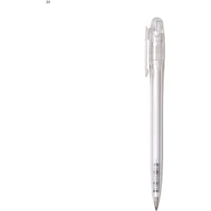 A plastic pen in a clear casing with a black ink refill. The design features a clip for attachment.