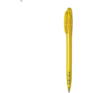 A plastic pen in bright yellow with a transparent body and a clip. It features a logo on the side.