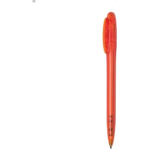 An orange plastic pen with a translucent body and a clip for easy attachment.