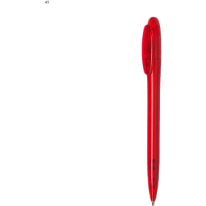 A red plastic pen featuring a click mechanism and a logo on the barrel.