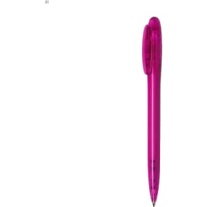 A plastic pen in vibrant pink with a transparent barrel and a clip at the top. It features a logo.