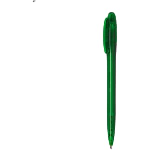 A plastic pen in a vibrant green colour with a rounded top and a clip. It features a logo on the side.