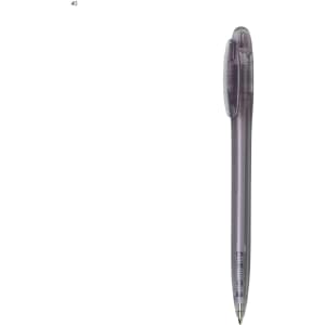 A plastic pen in a clear casing with a purple tint and a retractable tip, featuring a logo on its body.