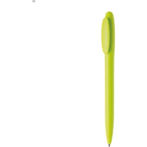 A bright green plastic pen with a rounded top and a logo on the side.