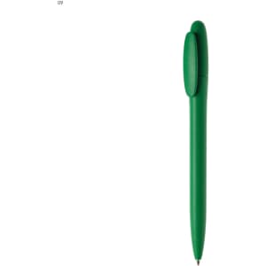 A plastic pen in vibrant green with a rounded cap and sleek design, featuring a logo on the side.