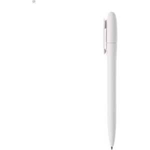 A plastic pen in white, featuring a streamlined design and a clip for easy attachment. It includes a branding logo.