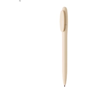 A plastic pen in a light beige colour with a sleek design and a clip. It features a logo.