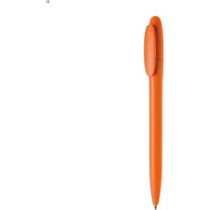 An orange plastic pen with a sleek design and a rounded cap. It features a branding logo.