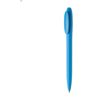 A blue plastic pen with a smooth finish and a rounded clip, featuring a logo on its body.