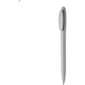 A plastic pen in a sleek grey design, featuring a subtle logo on the body.