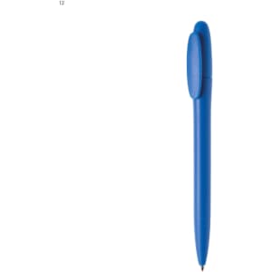 A blue plastic pen with a smooth body and a rounded cap, featuring a logo on the side.