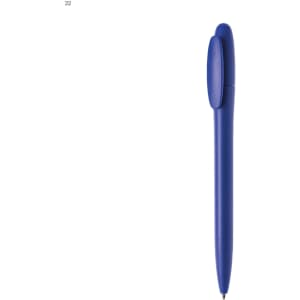 A blue plastic pen with a smooth finish and a matching cap, featuring a branding logo.