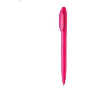 A pink plastic pen with a rounded cap and a sleek design, featuring a logo.