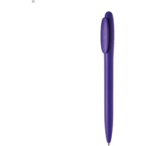 A purple plastic pen with a smooth finish and a clip for easy attachment. The pen features a branding logo.