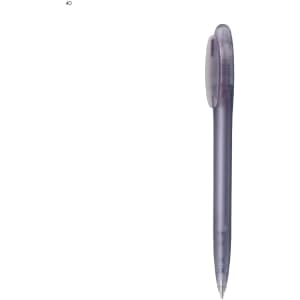 A transparent purple plastic pen with a rounded top and clip. It features a simple design and branding.