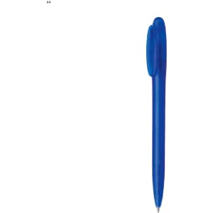 A plastic pen in a vibrant blue colour with a sleek design and a branding logo.