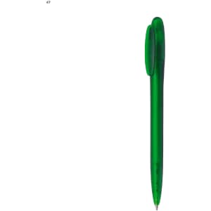 A green plastic pen with a translucent design and a clip on the top. It features a branding logo.