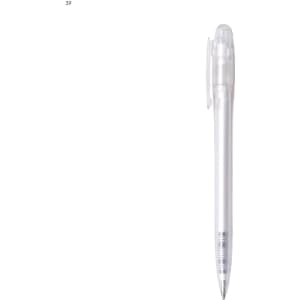 A plastic pen in clear and silver, featuring a clip and a transparent barrel, with branding visible.
