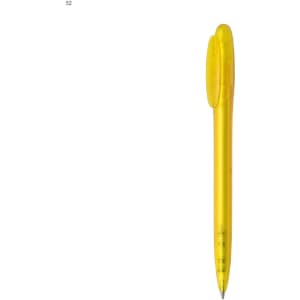 A yellow plastic pen with a sleek design and a logo on the body.