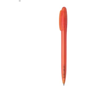 A plastic pen in a vibrant orange colour with a rounded top and retractable mechanism. It features a branding logo.