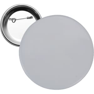 A round 44mm button badge in white with a silver backing and a clasp for pinning.