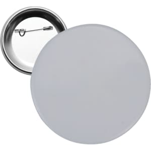 A round 25mm button badge in white with a metal backing and pin attachment.