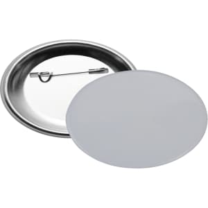 An oval button badge with a silver back and a pin fastening, featuring a plain white surface.