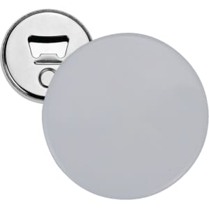 A silver bottle opener with a round white button badge front, featuring a metal backing for attachment.