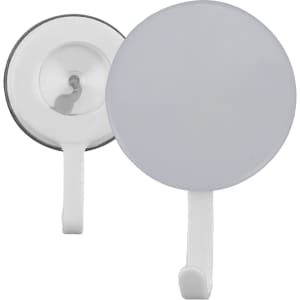 A round button badge in white, featuring a hook for attachment and a logo on the front.