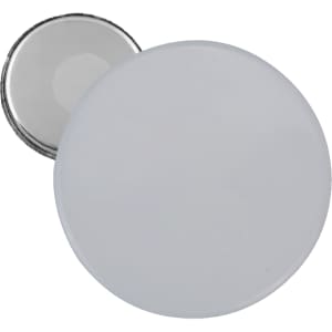 A round button badge with a white front and a metallic backing, featuring a smooth, glossy finish.