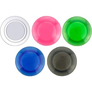 A set of five plastic button magnets in clear, pink, green, blue, and black colours. Each has a circular shape.