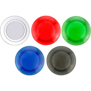 A collection of five circular plastic button magnets in clear, red, green, blue, and dark grey colours.